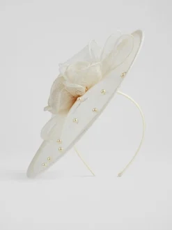 LK Bennett White Mesh Pearl Detail Ayla Wide Brim Fascinator Hat