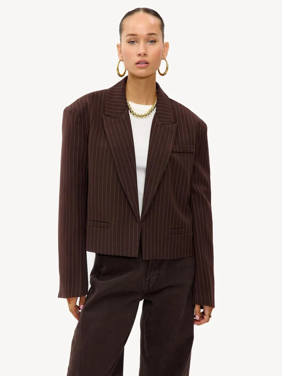 LOAVIES Basically Perfect Love Pinstripe Oversize Shoulder Brown Blazer