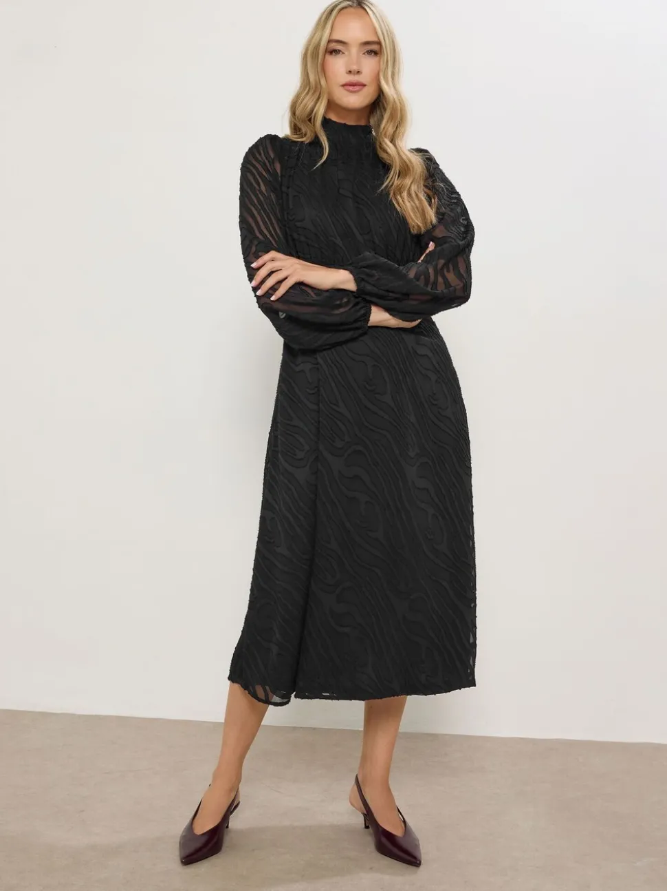 Long Tall Sally Black Burnout Tie Neck Midi Dress