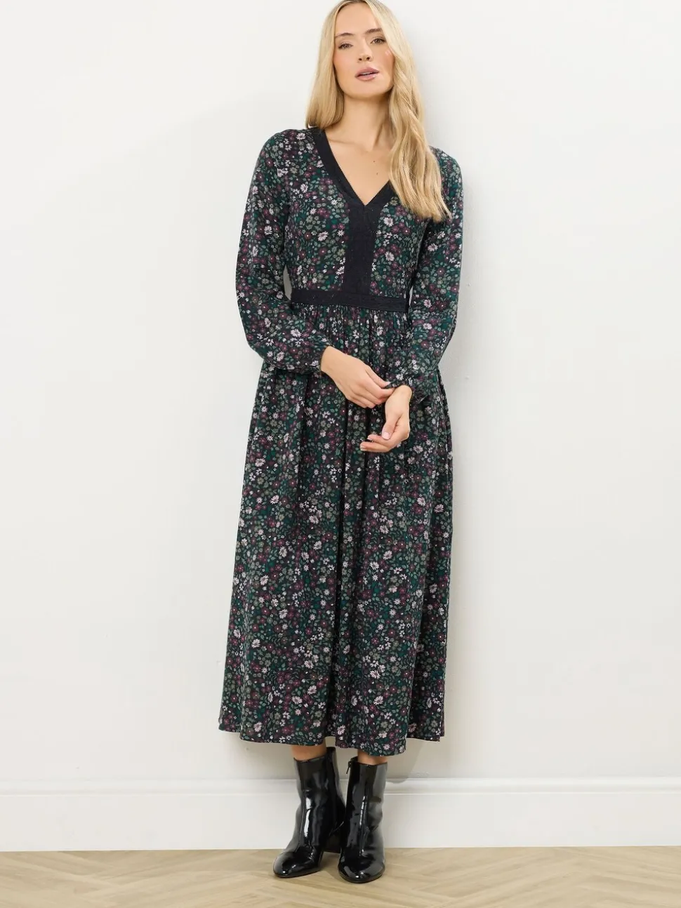 Long Tall Sally Black Ditsy Floral Lace Detail Maxi Dress