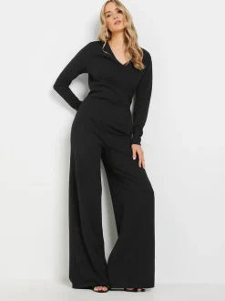 Long Tall Sally Black Long Sleeve Scuba Wrap Jumpsuit