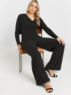 Long Tall Sally Black Long Sleeve Scuba Wrap Jumpsuit