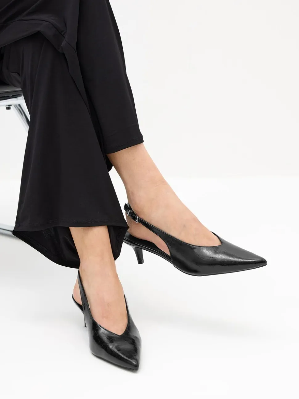 Long Tall Sally Black V Cut Kitten Slingback Heel Shoes