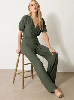 Long Tall Sally Green Ribbed Wrap Jumpsuit