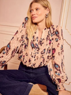 Love & Roses Beige Animal Notch Neck Long Sleeve Blouse