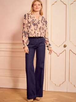 Love & Roses Beige Animal Notch Neck Long Sleeve Blouse