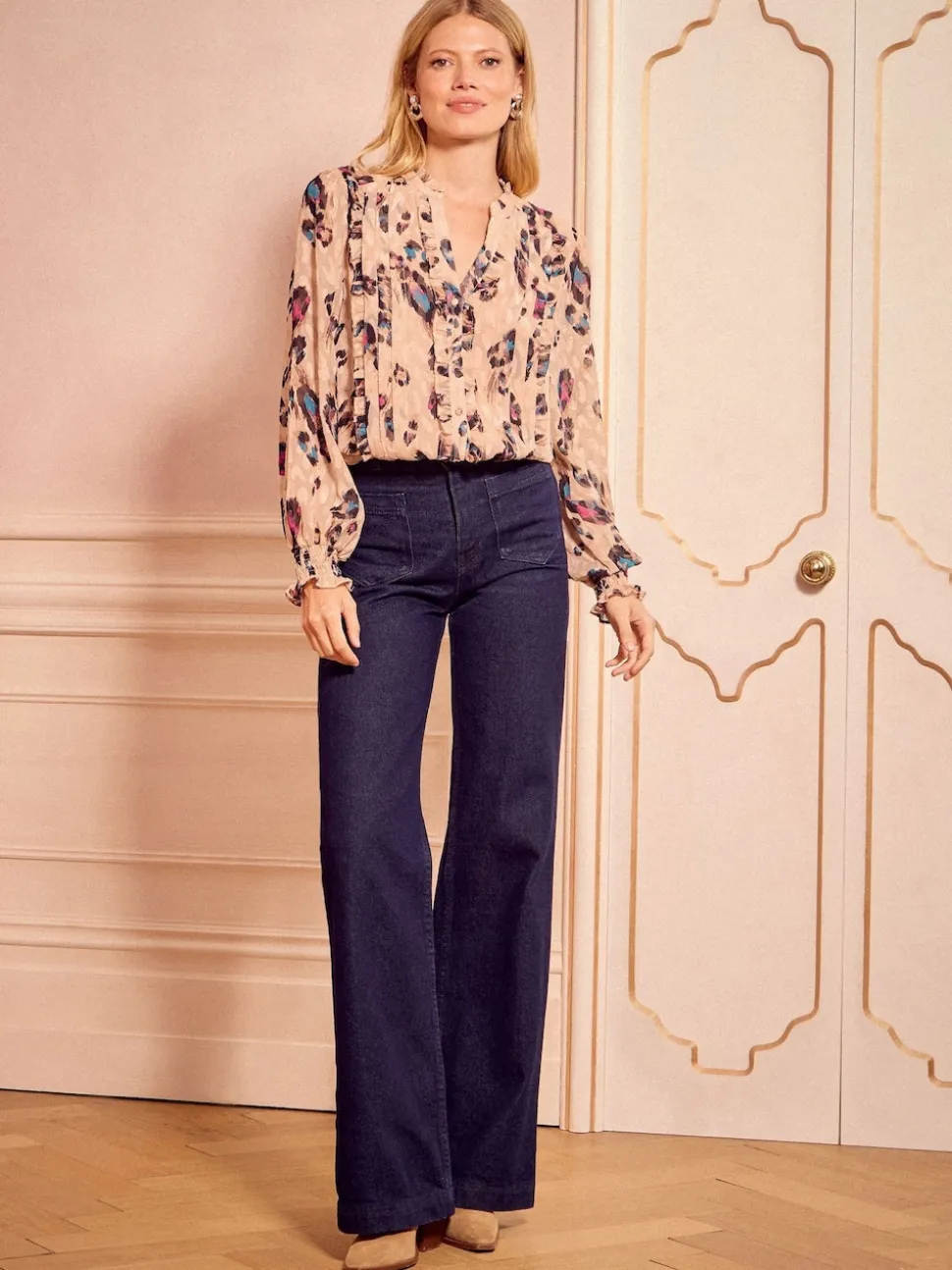 Love & Roses Beige Animal Notch Neck Long Sleeve Blouse