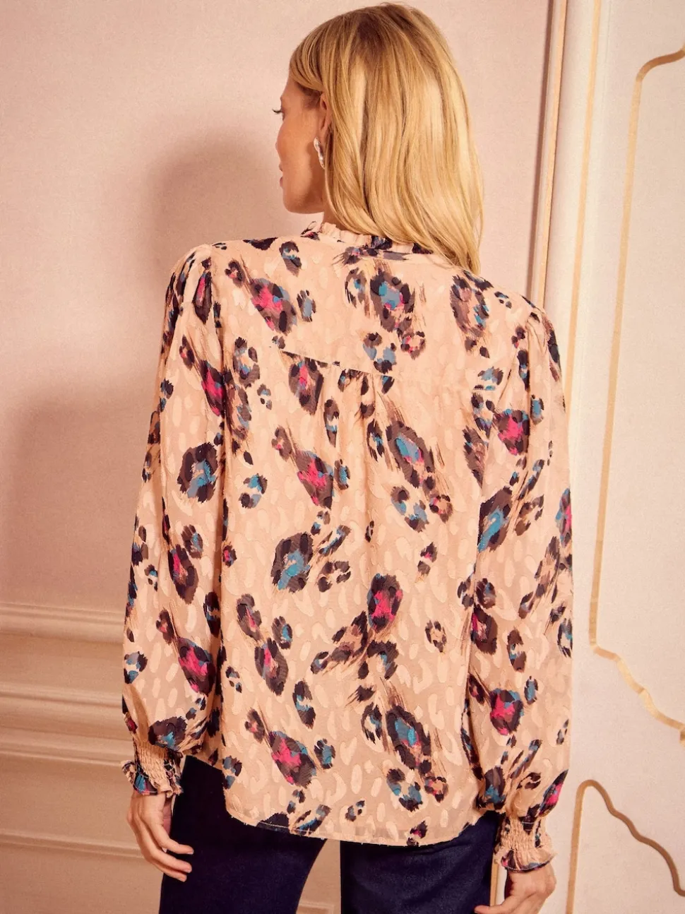 Love & Roses Beige Animal Notch Neck Long Sleeve Blouse