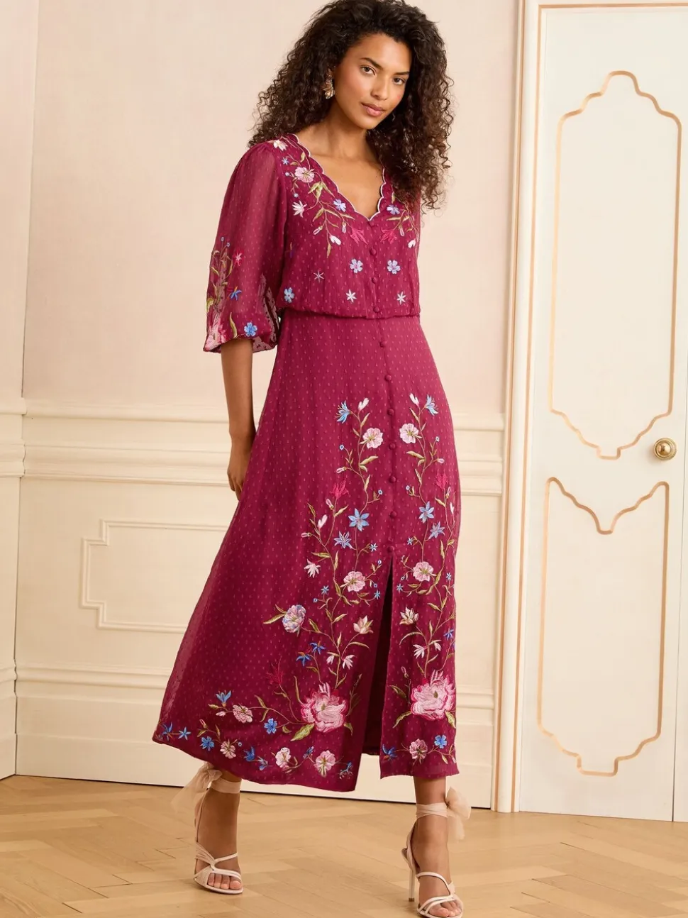 Love & Roses Berry Red Embroidered Dobby Scallop Neck 3/4 Sleeve Midi Dress