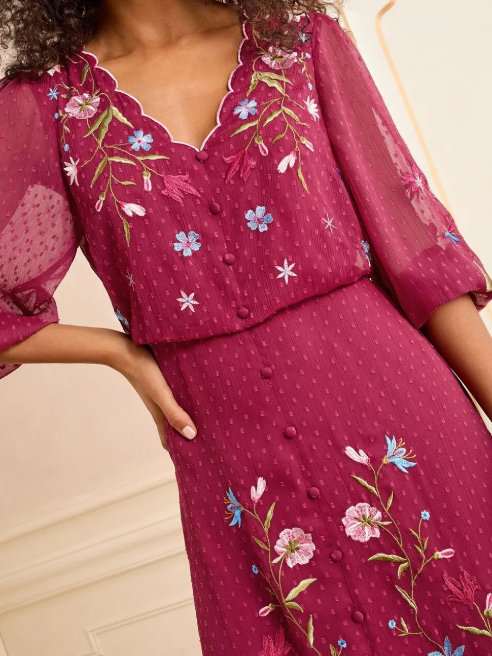 Love & Roses Berry Red Embroidered Dobby Scallop Neck 3/4 Sleeve Midi Dress