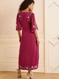 Love & Roses Berry Red Embroidered Dobby Scallop Neck 3/4 Sleeve Midi Dress