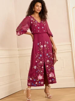 Love & Roses Berry Red Embroidered Dobby Scallop Neck 3/4 Sleeve Midi Dress