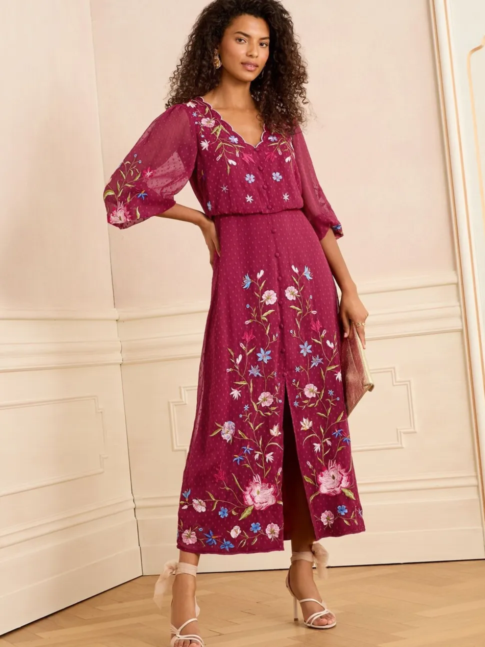 Love & Roses Berry Red Embroidered Dobby Scallop Neck 3/4 Sleeve Midi Dress