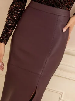 Love & Roses Berry Red Faux Leather Slit Midi Skirt