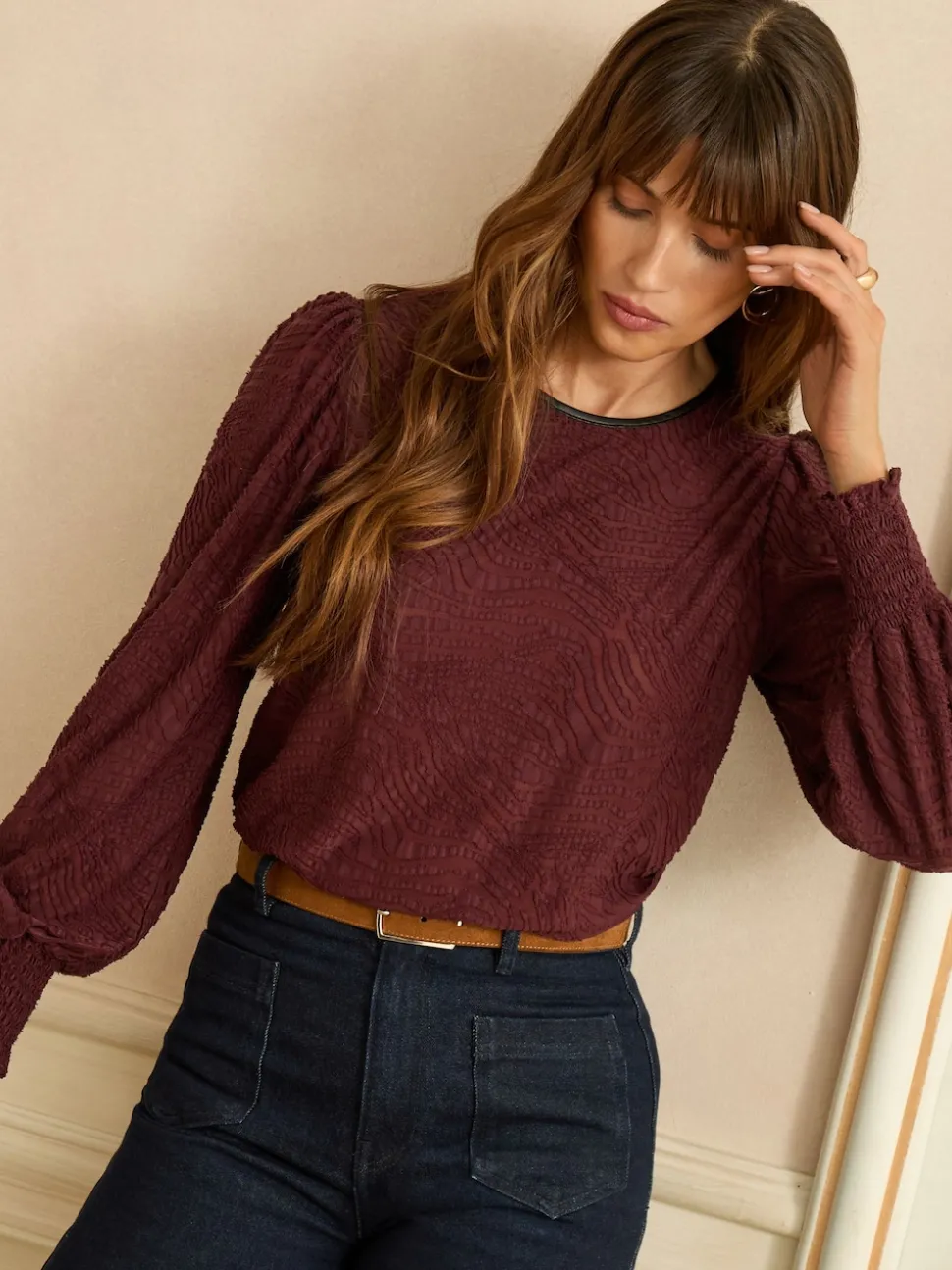 Love & Roses Berry Red Textured Long Sleeve Top