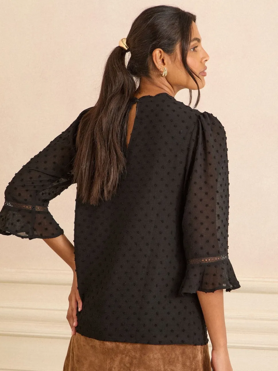 Love & Roses Black 3/4 Flute Sleeve Dobby Blouse