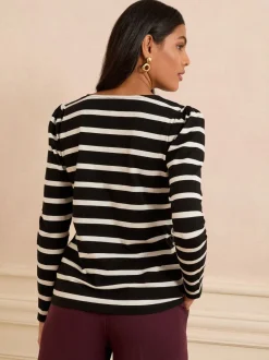 Love & Roses Black and Ivory Stripe Scallop V-Neck Long Sleeve Jersey Top
