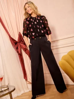 Love & Roses Black And Red Metallic Heart Crew Neck Long Sleeve Jacquared Blouse