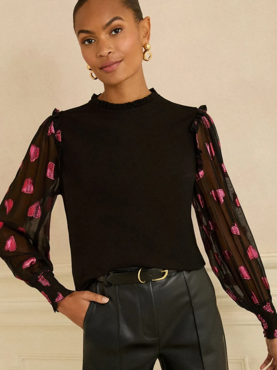 Love & Roses Black and Red Heart Print Mixed Jersey Sheer Sleeve Top