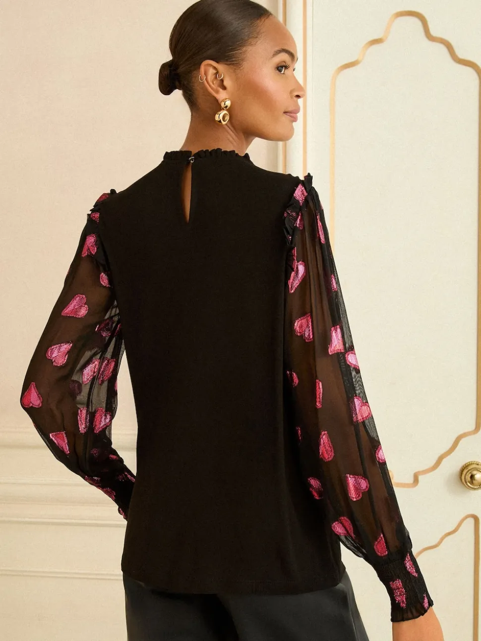 Love & Roses Black and Red Heart Print Mixed Jersey Sheer Sleeve Top