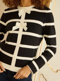 Love & Roses Black And White Striped Bow Detail Knitted Jumper