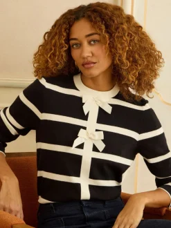 Love & Roses Black And White Striped Bow Detail Knitted Jumper