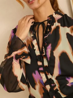 Love & Roses Black Animal Notch Neck Long Sleeve Blouse