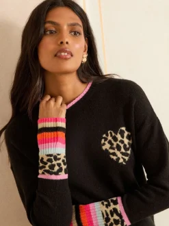 Love & Roses Black Animal Print Heart Crew Neck Cosy Jumper