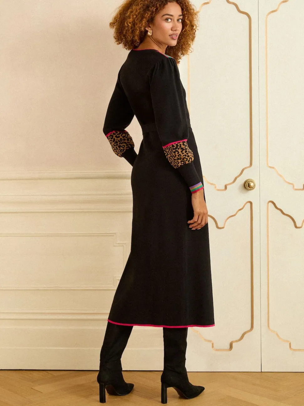 Love & Roses Black Animal Rainbow stripe V-Neck Knitted Midi Dress