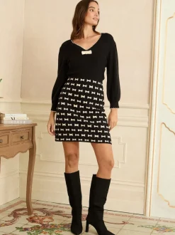 Love & Roses Black Bow Print V-Neck Knitted Mini Dress
