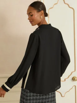Love & Roses Black Button Through Long Sleeve Shirt