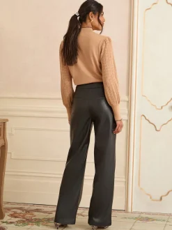Love & Roses Black Button Detail Faux Leather Wide Leg Trousers