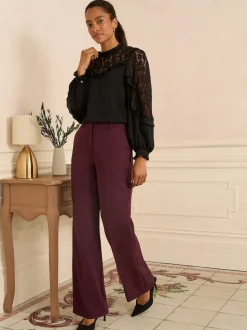Love & Roses Black Crew Neck Lace Yoke Long Sleeve Blouse