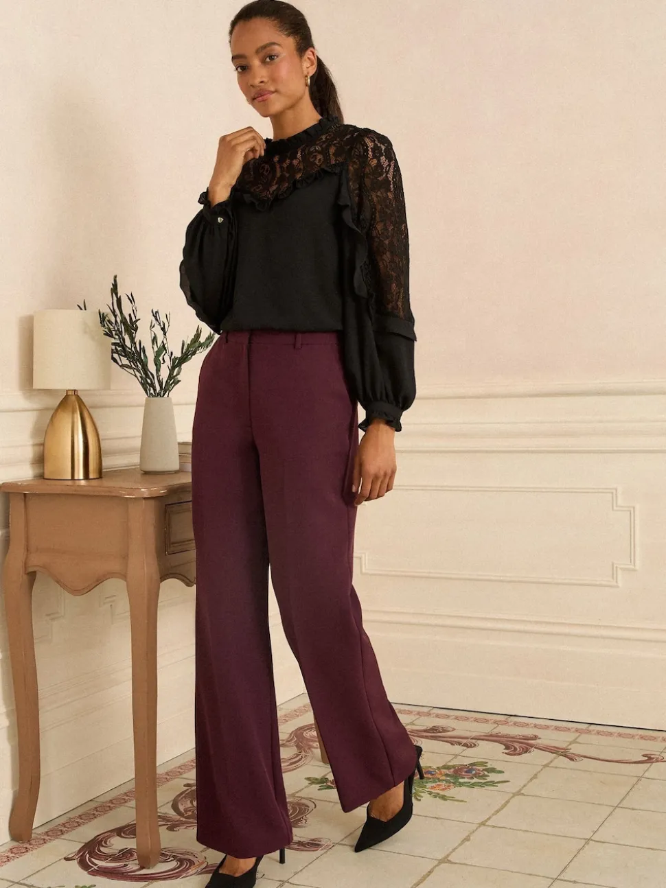 Love & Roses Black Crew Neck Lace Yoke Long Sleeve Blouse