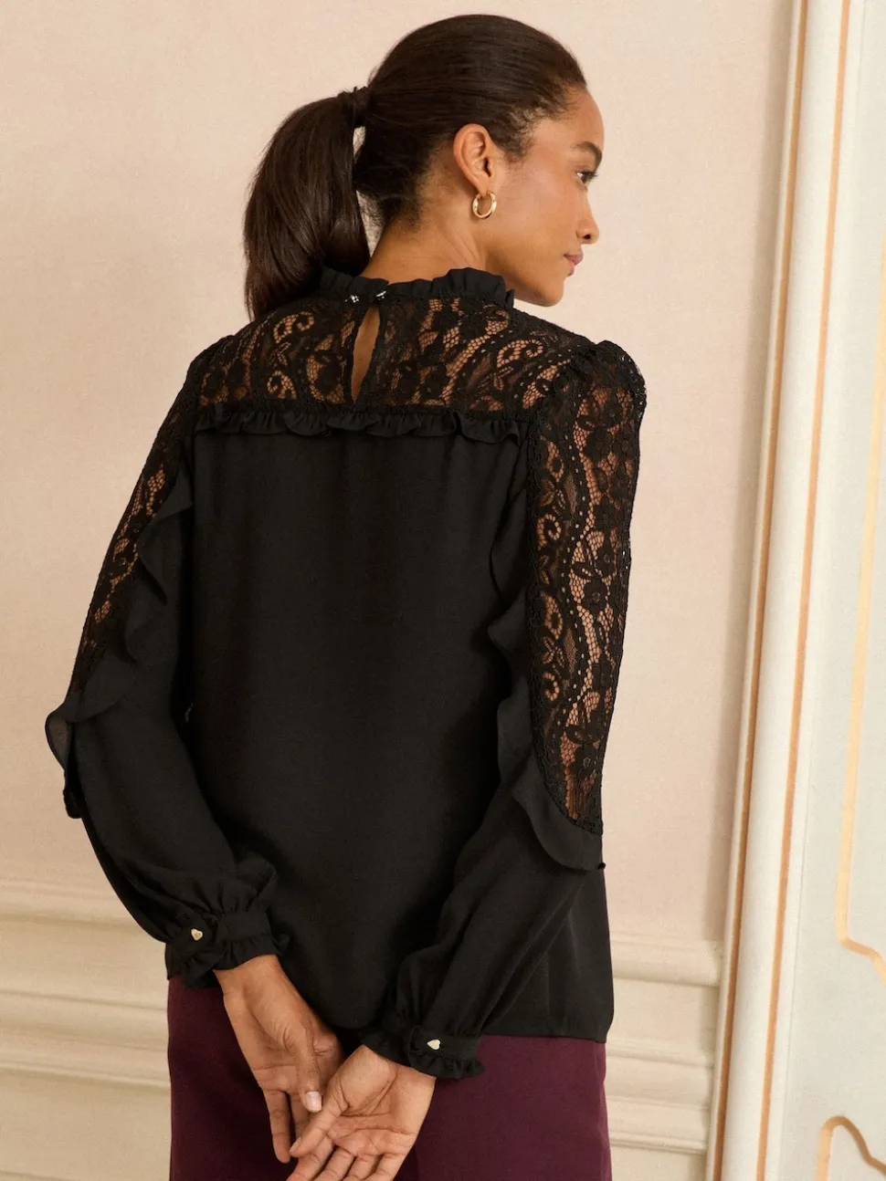 Love & Roses Black Crew Neck Lace Yoke Long Sleeve Blouse