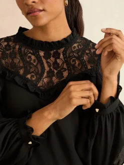 Love & Roses Black Crew Neck Lace Yoke Long Sleeve Blouse