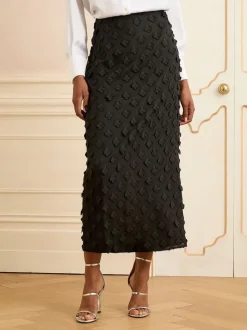 Love & Roses Black 3D Floral Midi Skirt