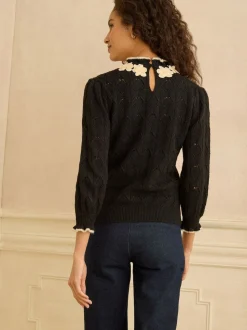 Love & Roses Black 3D Flower Trim Pointelle Jumper