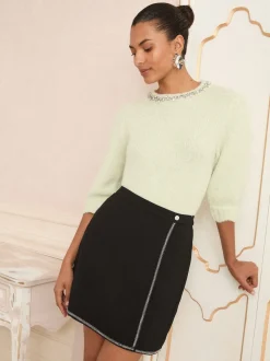 Love & Roses Black Dimante Trim Wrap Mini Skirt