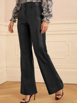 Love & Roses Black Faux Leather Wide Leg With Faux Suede Side Stripe Trousers