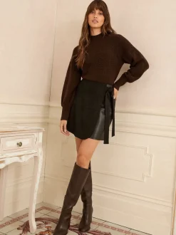 Love & Roses Black Faux Suede Mix Faux Leather Wrap Mini Skirt