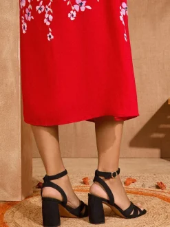 Love & Roses Black Flared Block Heel Faux Suede Sandals