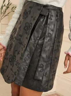 Love & Roses Black Floral Embroidered Faux Leather Wrap Mini Skirt