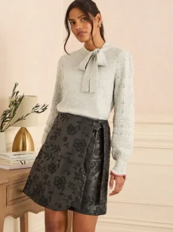 Love & Roses Black Floral Embroidered Faux Leather Wrap Mini Skirt