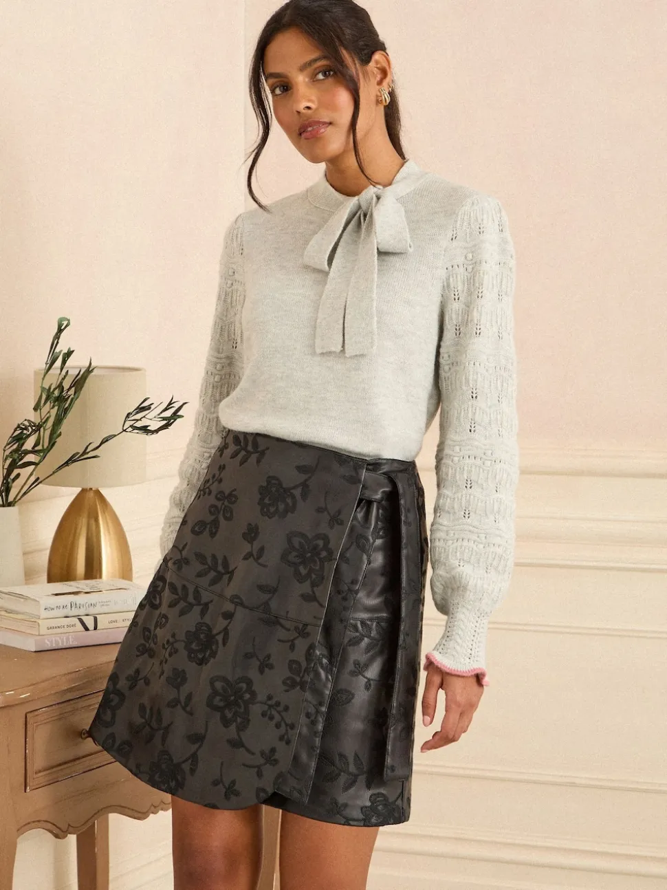 Love & Roses Black Floral Embroidered Faux Leather Wrap Mini Skirt