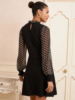 Love & Roses Black Floral Spot Frill Neck Frill Neck Chiffon Sleeve Knitted Mini Dress