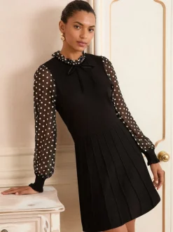 Love & Roses Black Floral Spot Frill Neck Frill Neck Chiffon Sleeve Knitted Mini Dress