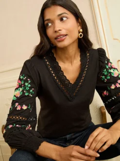 Love & Roses Black Floral Embrodiery Lace Insert V-Neck Long Sleeve Top