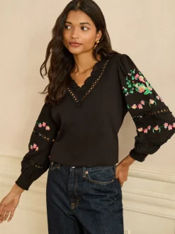 Love & Roses Black Floral Embrodiery Lace Insert V-Neck Long Sleeve Top