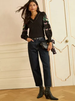 Love & Roses Black Floral Embrodiery Lace Insert V-Neck Long Sleeve Top